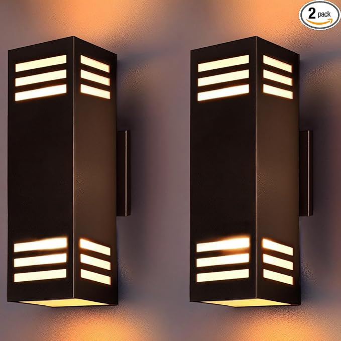 wowlite Outdoor Wall Lights Dusk to Dawn 2 Pack, Modern Porch Lights Outdoor Wall Sconce Square, Bronze Up and Down Lights, Waterproof Exterior Light Fixture for House Garage Patio, ETL Listed