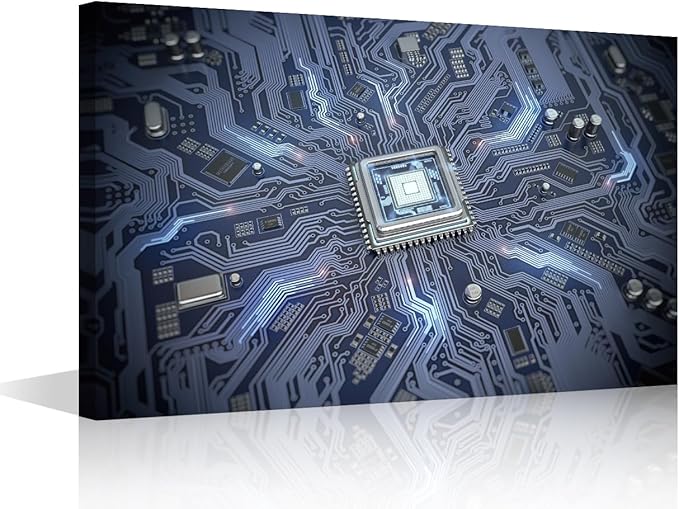 TUMOVO Wall Art for Living Room Large Size Internet Concept Office Wall Decor Circuit Board with CPU Canvas Prints AI Modern Artwork for Bedroom Bathroom Framed Ready to Hang, 36x24in