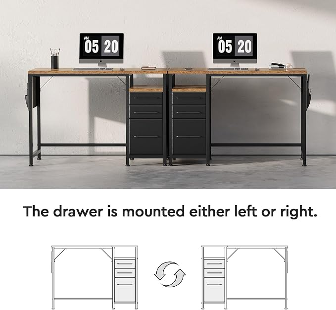 Maihail Small Desk with Drawers, Office Desk with Storage Shelves, Brown | 40 Inch Desktop, Metal Frame, 3 Fabric Drawers, Storage Shelves, Computer & Writing Desk, Office Gaming Workstation