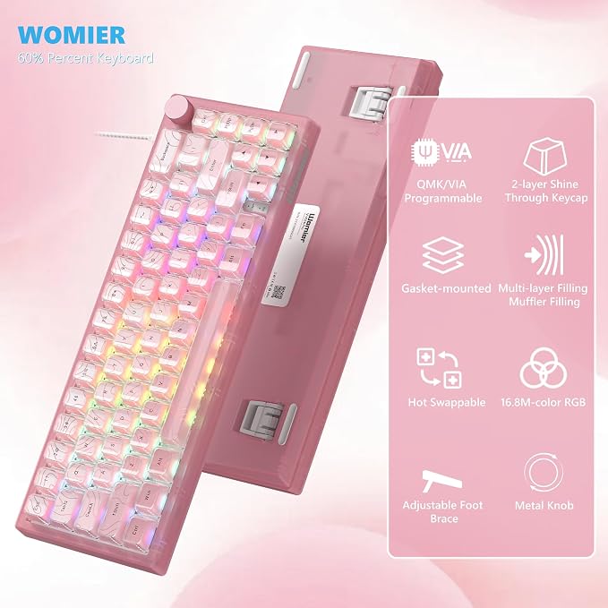 Womier 60% Percent Keyboard Pink Mechanical QMK/VIA Gaming Keyboard | Creamy Keyboard Topographic, Hot Swappable Gasket Mount RGB Wired Key board & Translucent Keycaps (VK66 PRO)