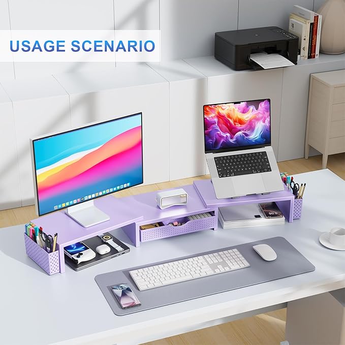gianotter Dual Monitor Stand Riser, Desk Organizer With Drawer and 2 Pen Holders, Desk Organizers and Accessories, Purple Office Decor (Purple)