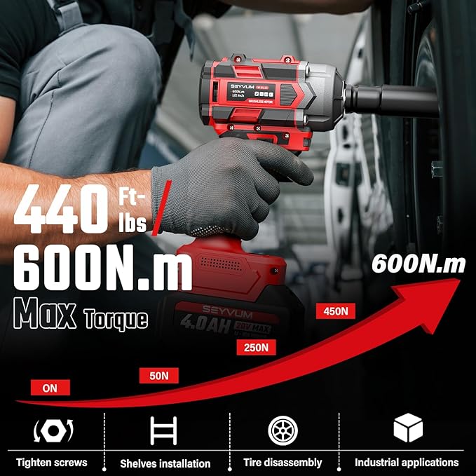 SEYVUM Cordless Impact Wrench, 1/2” Max Torque 440 Ft-lbs / 600 N.m Power Impact Gun, 20V 3000RPM Electric Impact Driver, 2 x 4.0Ah Battery, 4 Impact Sockets, Carry Bag Included