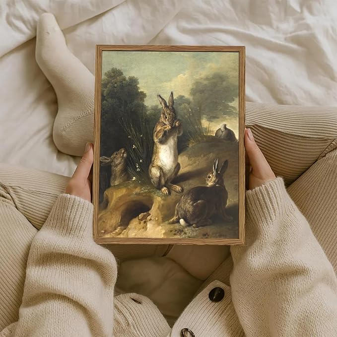 Vintage Easter Rabbit Wall Art, Rustic Bunny Wall Decor Painting Cottagecore Animal Poster Canvas Prints Picture for Living Room Farmhouse Bedroom 16x24 inch Wood Framed