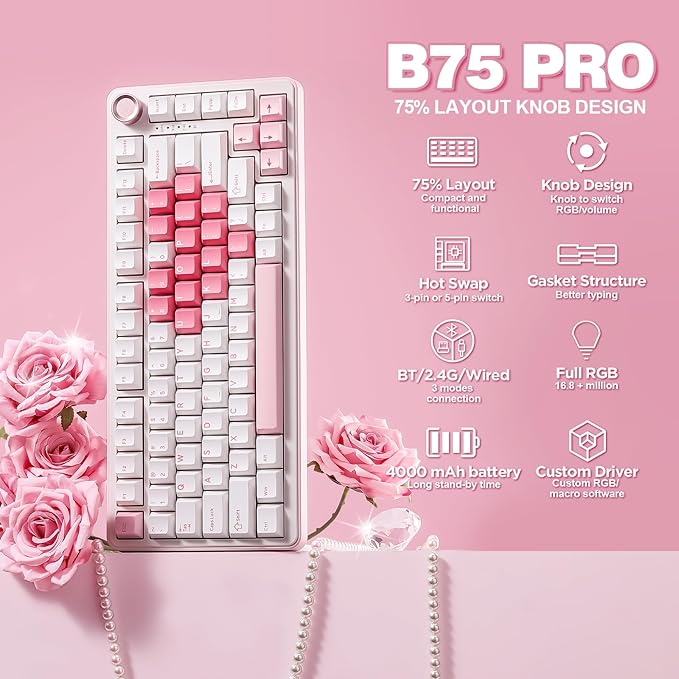 YUNZII B75 PRO 75% Wireless Mechanical Keyboard (White Heart,Cocoa V2) | Hot Swap Keyboard with Knob, Gasket Mount, Creamy Pre-lubed Switch for Smooth Typing, BT/USB-C/2.4G, for Gaming