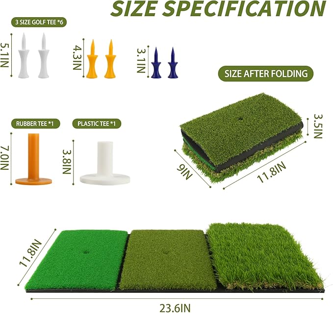 Jkwokback 3-in-1 Golf Hitting Mat | Turf Golf Practice Mat for Swing, Putting & Chipping | Portable Golf Mats Practice Indoor/Outdoor Golf Hitting Mat with 8 Tees Golf Training Mat