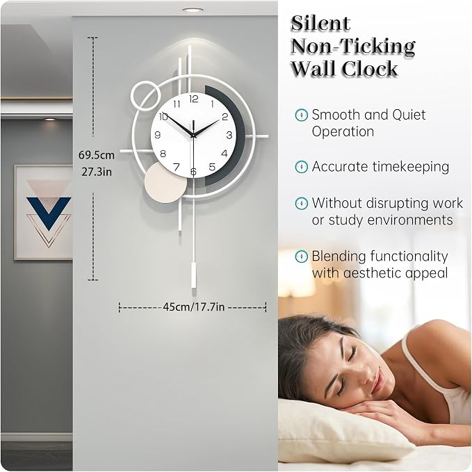 Large Decorative Wall Clock Silent Non-Ticking Quartz Battery Operated Pendulum Wall Clock for Living Room Kitchen Office Bathroom Bedroom Home Wall Art 17.7x27.3 inch