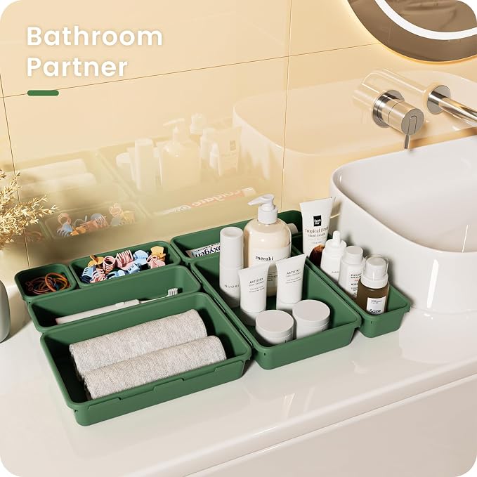 【Military Grade】A-LuGei Drawer Organizer,【】Makeup organizer,【Holds 177 Items】Bathroom Organizers and Storage,Organization and Storage,Desk Drawer Organizer for Vanity【Green】