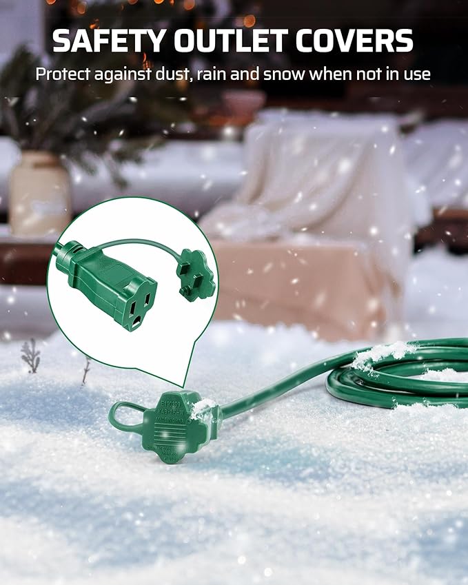 DEWENWILS 25Ft Outdoor Extension Cord, Evenly Spaced 3 Outlets Plugs with Safety Cover, 16/3 SJTW Weatherproof Wire for Outdoor String Lights, ETL Listed