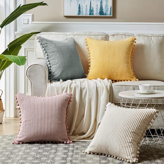 Fancy Homi 2 Pack Cream Lumbar Decorative Throw Pillow Covers 12x24 Inch with Pom-poms for Couch Bedroom Sofa, Farmhouse Boho Home Decor, Soft Corduroy Solid Rectangle Cushion Case 30x60 cm