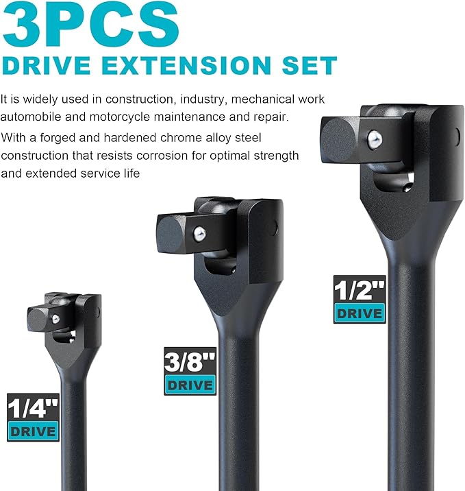 1/4" 3/8" 1/2" Drive Breaker Bar, 3PCS Breaker Bar Set, 7" 12" 16" Length, 180° Rotatable Head, Extension Breaker Bar Set, Auto Repair, Mechanical Repair