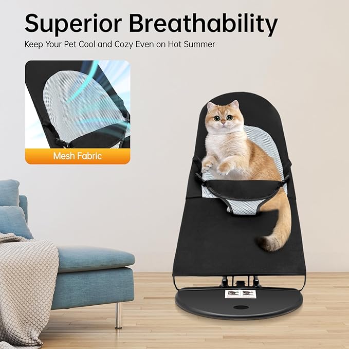 Pet Rocking Chair, Portable Foldable Pet Rocker Bed with 3-Level Adjustable Height, No Assembly Required Breathable Pet Lounger for Small Dogs & Cats Under 33lbs (Black)