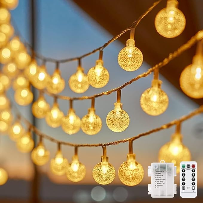 Minetom Crystal Globe String Lights Battery Operated - 33 ft 60 LED Globe Fairy Lights with Remote and 8 Modes, Waterproof for Bedroom Tent Loft Camping Porch Patio Party Wedding Decor, Warm White