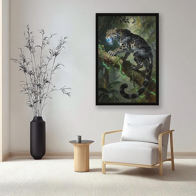 Framed Steampunk Mechanical Leopard Wall Art - Jungle Futuristic Beast Poster for Man Cave Living Room Decor 12x18in