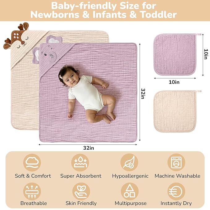CandyHome 4 Pack Muslin Baby Towels for Newborn Set, 100% Cotton 2 Hooded Baby Bath Towels 32x32" with 2 Washcloths 10x10", Super Soft Absorbent Infant Toddler Bath Essentials Gifts, Elephant & Deer