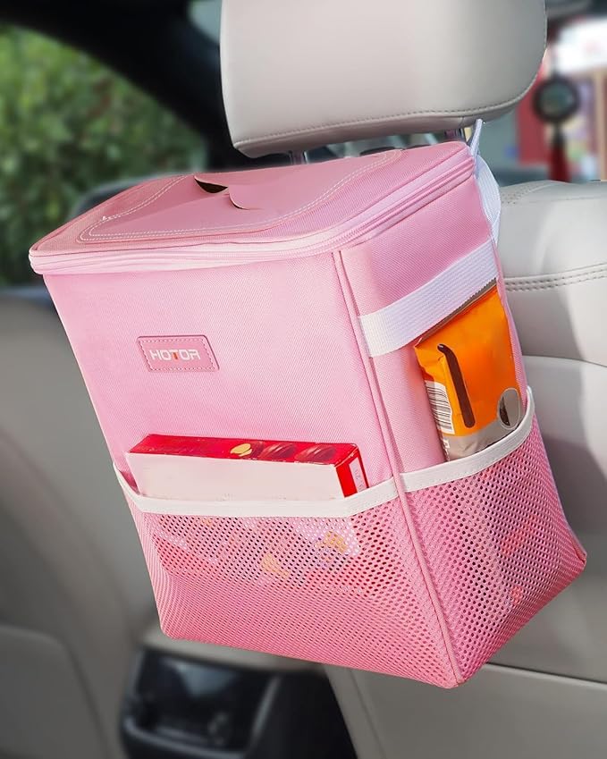 HOTOR Car Trash Can with Lid and Storage Pockets - 100% Leak-Proof Organizer, Waterproof Garbage Can, Multipurpose Trash Bin for Car, 2 Gallons, Pink
