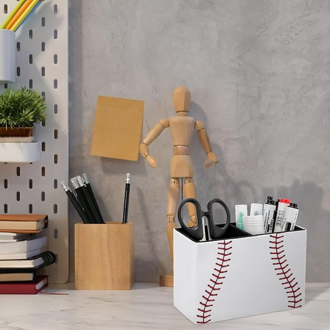 Pen Holder, Pencil Holder for Desk Organizer, Baseball Lace Sport Ball PU Leather Pencil Cups Desktop Stationery Storage Makeup Brush Holder Pen Organizer for Office Home