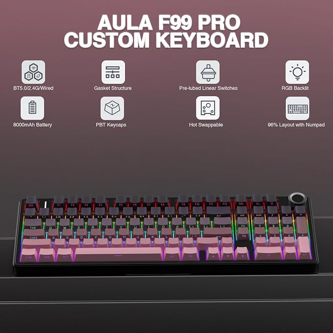 AULA F99 Pro Wireless Mechanical Keyboard with Knob,Tri-Mode BT5.0/USB-C/2.4GHz Hot Swappable Keyboard,Gasket Structure,Creamy Sound,RGB Backlit Computer Gaming Keyboards
