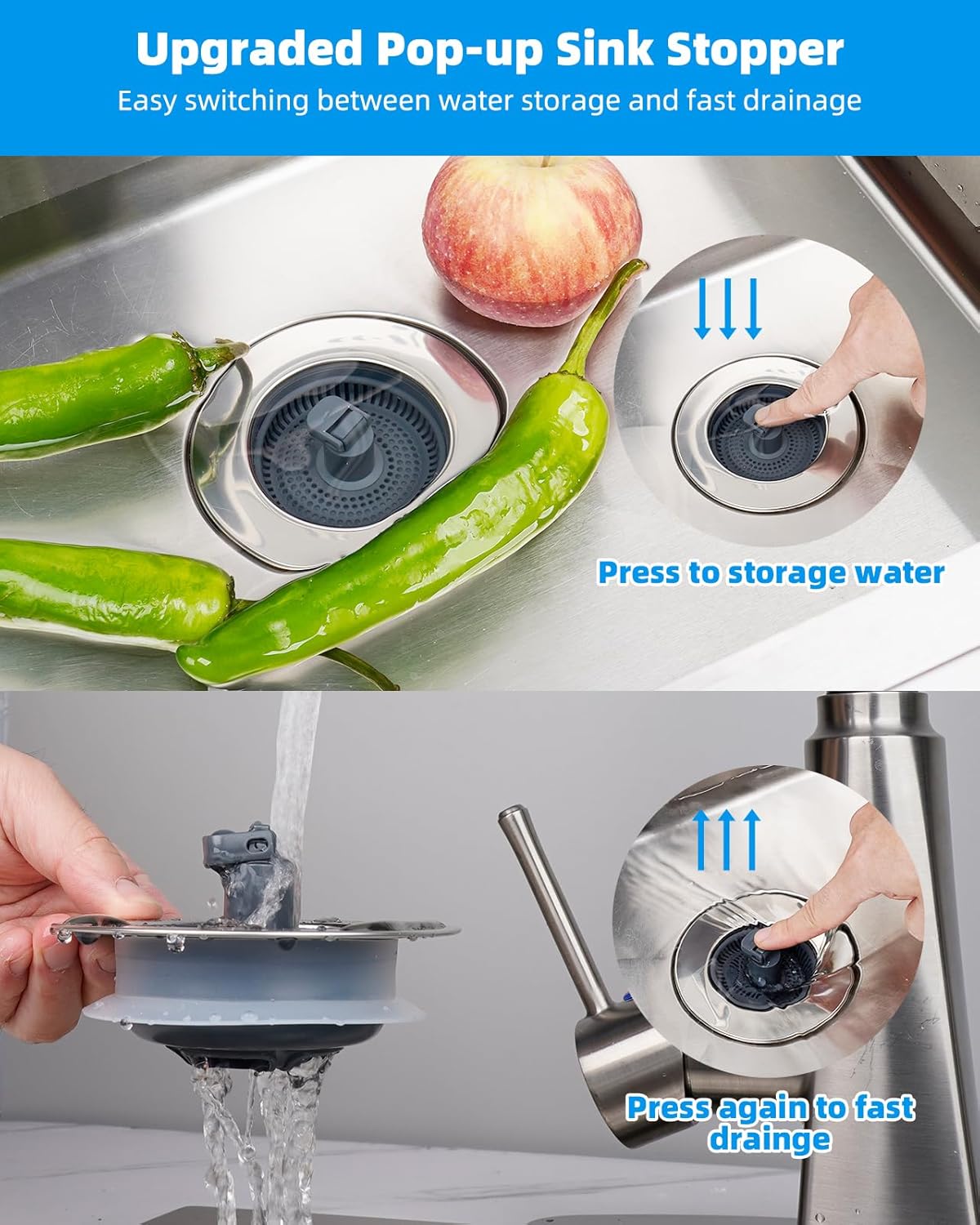 Hibbent 3 in 1 Kitchen Sink Drain Strainer and Stopper Combo, Chrome Stainless Steel Wraped Shell, Anti-Clogging Basket Strainer with Foldable Handle for US Standard 3-1/2" Drain