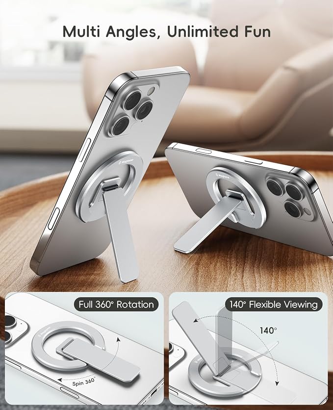 Double-Sided Magnetic Phone Stand Grip, Strong Magnetic Kickstand Desk Holder for Mag&Safe and Smartphone, Foldable Adjustable Design, Silver