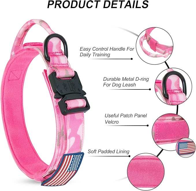 Hotsky Tactical Dog Collar, Adjustable Military Training Nylon Airtag Collar with Handle and Heavy Duty Metal Buckle for Medium Large Dogs, with Airtag Holder and Two Patches （Pink Camo,L）