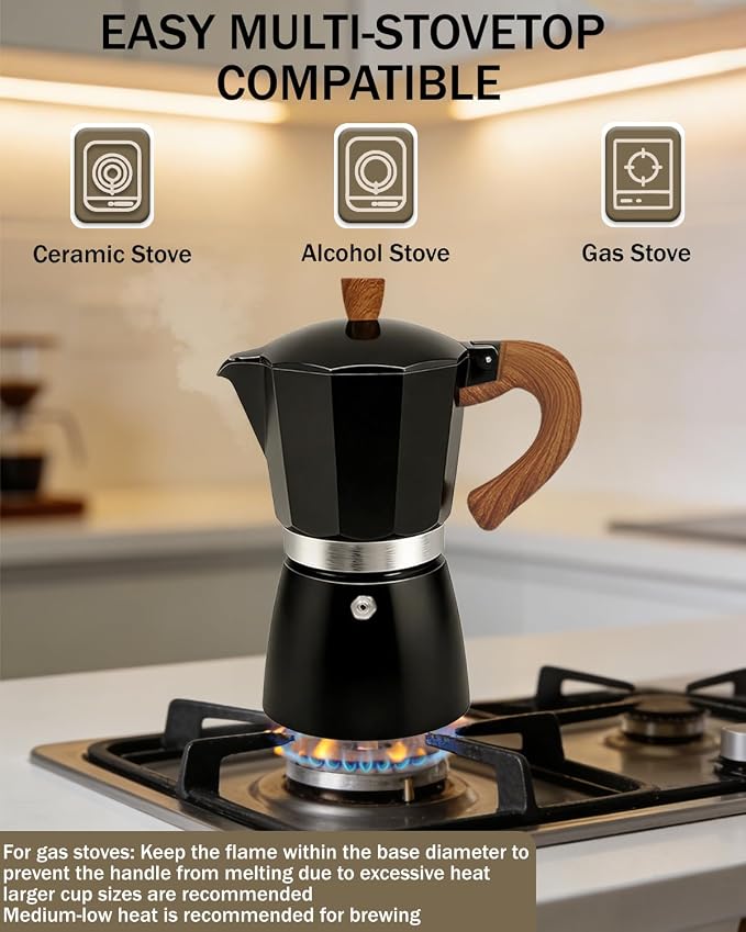 Coffee Maker Stovetop Espresso Maker 9 Cup Aluminum Moka Pot Percolator 15oz 450ml Easy Brewing for Electric Ceramic Stoves Home Camping Italian Cuban Café Classic Black