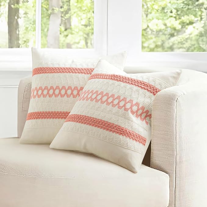 MIULEE Set of 2 Coral Red Boho Decorative Pillow Covers 20x20 Inch | Farmhouse Couch Throw Pillows Modern Spring Cotton Cushion CoversMacrame Woven Home Decor for Bed Sofa Chair