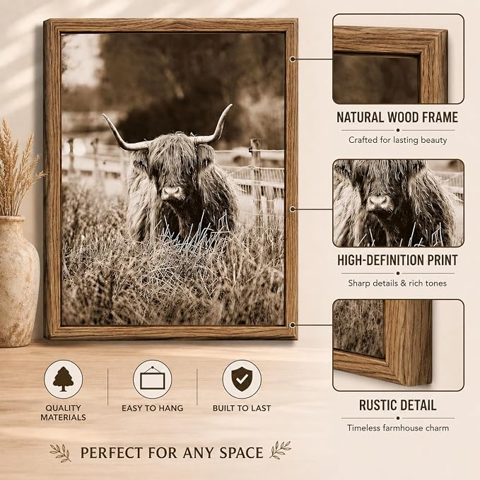 6Pcs Vintage Western Cowboy Wall Art, Highland Cattle Prints, 16" L x 12" W | Rustic Farmhouse Canvas Posters, Country Western Style Wall Decor for Bedroom and Kitchen, Framed