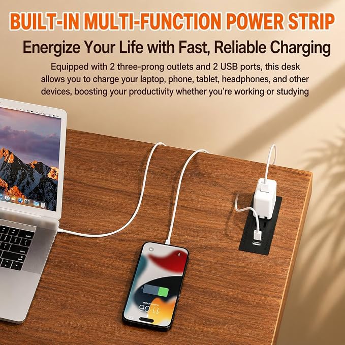 Folding Table Computer Desk - 35.8" No Assembly Folding Desk with Power Outlets & USB Charging Port, Small Desk, Foldable Office Desk, Compact Storage Portable Use for Small Space, Dark Walnut