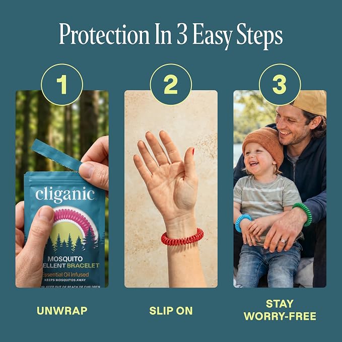 Cliganic 10 Pack Mosquito Repellent Bracelets for Adults & Kids (Rainbow Colors) - Natural DEET-Free Bands, Individually Wrapped