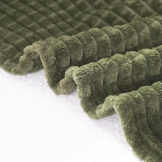 Puncuntex Fleece Throw Blanket Olive Green 50"×70" with Square Grid Design | Super Soft Plush Cozy Flannel Throw Blanket Luxury for Couch Sofa Chair