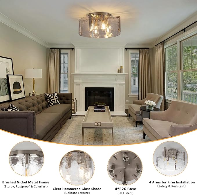 Modern Semi Flush Mount Ceiling Light Fixture, Nickel Hallway Light Fixtures Ceiling Mount, Dimmable Foyer Kitchen Lighting Fixtures Ceiling Lights for Bedroom Bathroom Dining Room Laundry Room