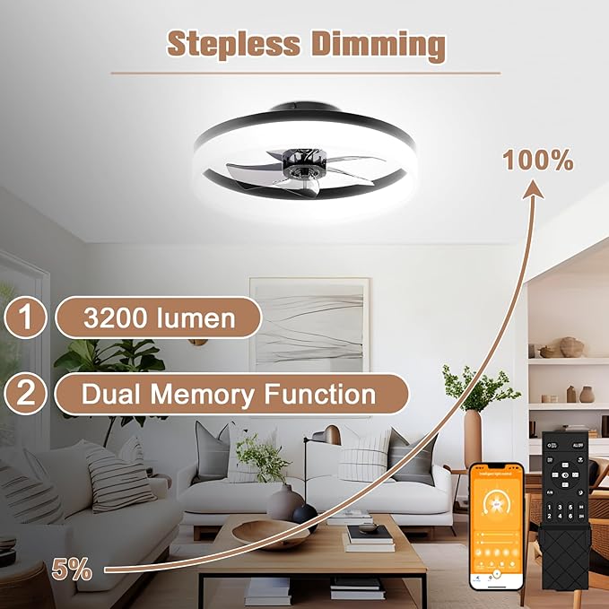 VOLISUN Low Profile Ceiling Fans with Lights and Remote,15.7in Modern Ceiling Fan Flush Mount,3000K-6500K Dimmable Bladeless LED Fan Light,Black Fandelier Ceiling Fans with Lights for Bedroom