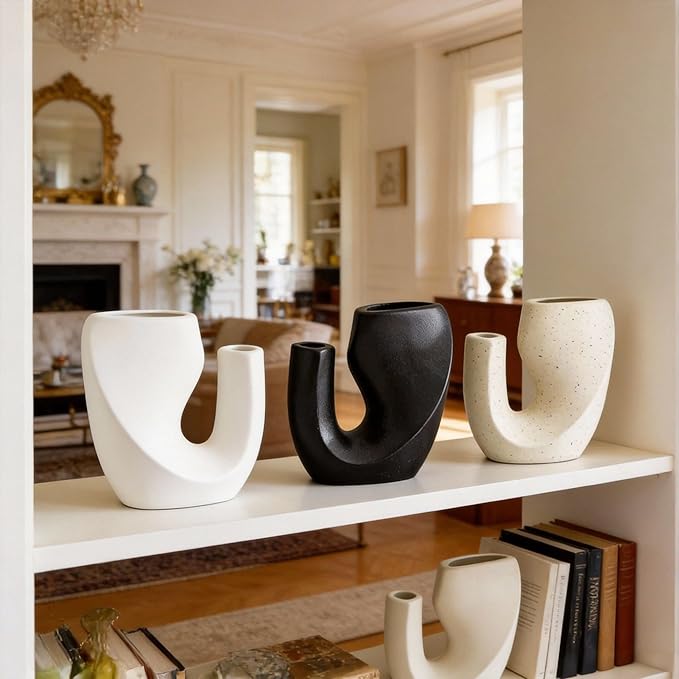 Nordic Style Ceramic Vase Set, Luxury Artistic Flower Arrangement for TV Cabinet and Entryway, Modern Minimalist Home Decor Accents(Type B White)