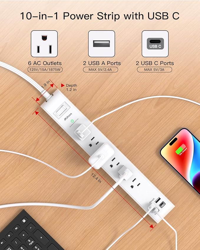2 Pack Power Strip, 12FT Long Extension Cord, Surge Protector with 6 Outlets and 4 USB Charging Ports(2 USB C), Flat Plug Overload Protection, Wall Mount for Home Office Dorm College