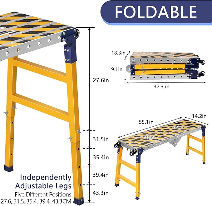 Versatile Portable Steel Work Bench with 4 Wheels, 55'' × 14.2'' Foldable Welding Table with Height Adjustment, Heavy Duty Steel Construction Galvanized Tabletop Workbench with 1102 LBS