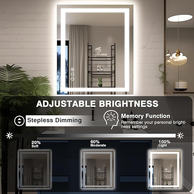 30"x36" LED Bathroom Mirror with Lights, Front and Backlit Mirror, Anti-Fog Vanity Mirror with Lights, Stepless Dimmable LED Mirror, 3 Colors Smart (Horizontal/Vertical)