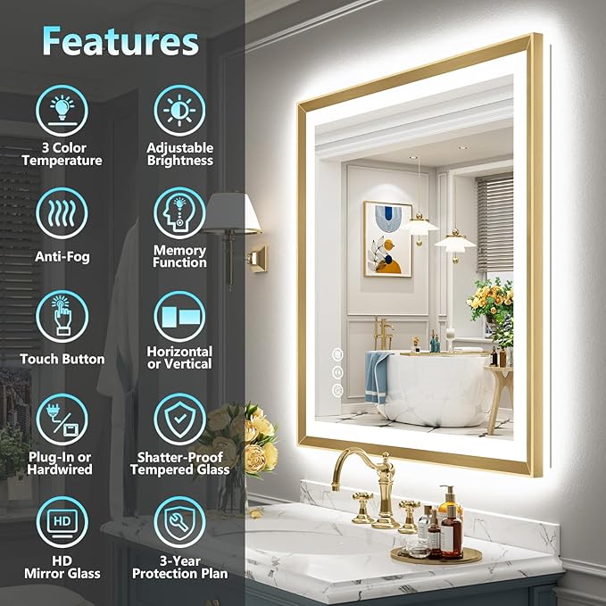 30x36 Gold Beveled LED Bathroom Mirror with Lights, Brushed Gold Framed Backlit and Front Lit Anti-Fog Lighted Vanity Mirrors for Bathroom Wall, Dimmable, 3 Colors, Memory, HD Tempered Glass