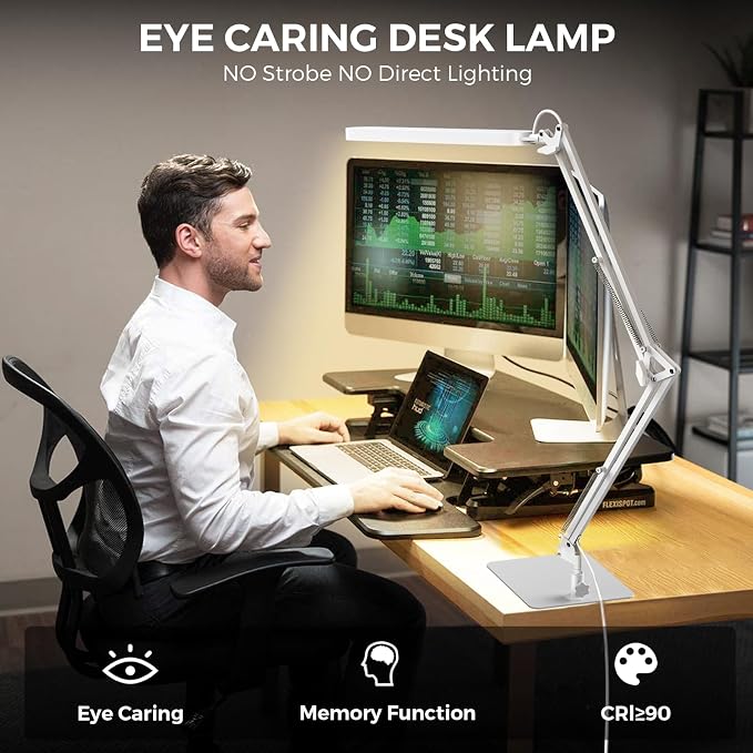 SKYLEO LED Desk Lamp with Slim Base - Adjustable Swing Arm Desk Light, Dimmable, Timer, Eye Protection, Memory Function, 1300LM, 12W, White