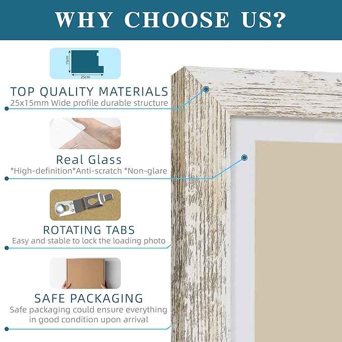 Hongkee 8.5 x 11 Picture Frame Set of 4, Made of Real Glass and Distressed White Certificate & Diploma Frame, 8.5 by 11 Photo for Wall or Tabletop - Display Picture 6x8 with Mat or 8.5x11 Without Mat