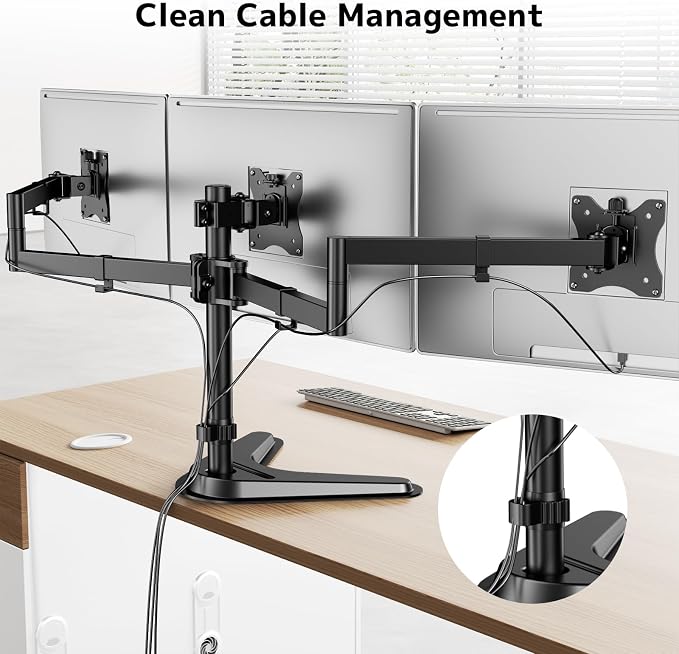 Triple Monitor Stand, Full Motion Arm Fits up to 27 inch | Free standing, Cable Management, 22 lbs Weight Capacity per Arm, 75/100 mm VESA, Black