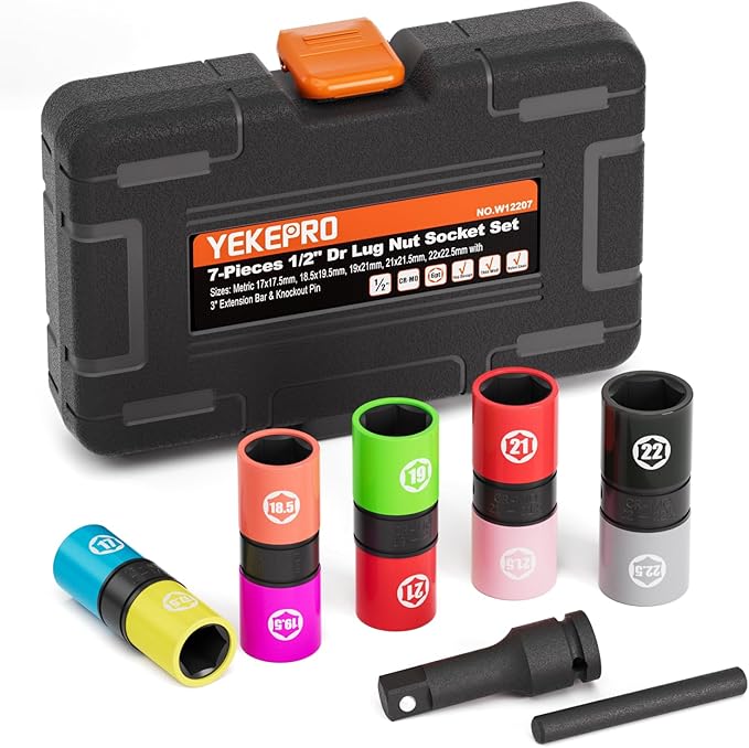 1/2-Inch Drive 7pc Half Size Lug Nut Flip Socket Set, Wheel Protector Impact Deep Socket, Non-Marring Thin Wall Wheel Nut Socket for Car, CR-MO Steel, Metric, W12207