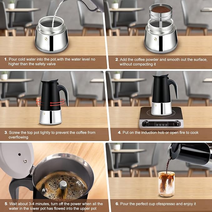 4 Cup Stovetop Espresso Maker Stainless Steel Moka Pot Stove Top Percolator Italian Coffee Makers Capable Mocha Greca Machine Cafe Classic Induction Cookers for Home and Camping 200ml 6.6oz