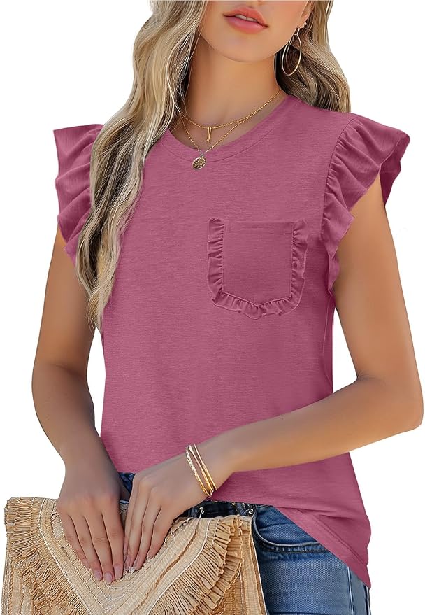 JUSTFASHIONNOW Womens Summer Tops Striped T-Shirts 2026 Ruffle Short Sleeve Crew Neck Casual Blouses with Pocket