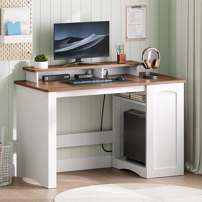 HOOBRO Farmhouse Computer Desk, Office Desk with Charging Station, Executive Desk with Monitor Stand & Adjustable Shelf, Small Desk for Small Space, Study, Living Room, White and Walnut WH85UDN01