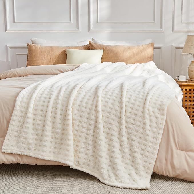 NEWCOSPLAY 3D Waffle Checkered Flannel Queen Blanket, Ivory, 90"x90" | Super Soft Cute Lightweight Decorative Premium Silky Fleece Blanket for Couch Sofa Bed, Gift for Women Men, All Season Use