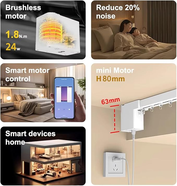 Smart Motorized Curtain Rods (Ripple Fold), Matter over WiFi Electric Track Compatible with HomeKit Alexa Google SmartThings, Automatic Drapery System with Remote, 1.8N.m (2 meters (78.7 inches))