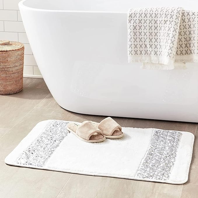 Zahari Home Sinatra Modern Bathroom Rug Classic Luxury Bath Rug Contemporary Decor Stylish Bath Mat for Shower Unique Design White Bathroom Rug Bath Shower Tub Decor Bling
