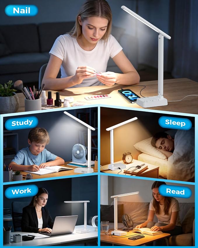LED Desk Lamp with Power Strip, 3 AC Outlets & 4 USB Ports (2 USB-C), Stepless Dimming&2800K-6500K Eye-Caring Desk Light, Foldable Table Lamp with 5FT Cord for Home Office, Dorm Room Essentials White