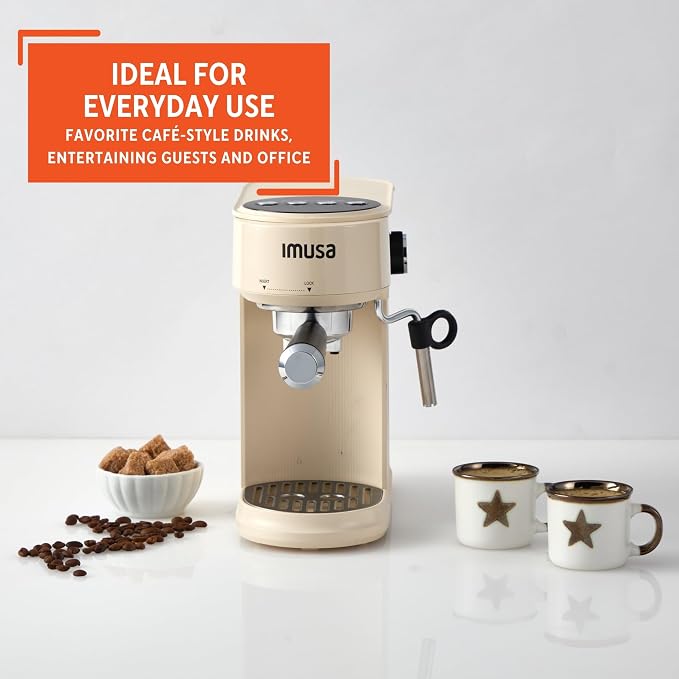 IMUSA 1 or 2 Cup Electric Slimbrew Espresso Cappuccino Coffee Maker, Almond | Milk Frother for Cappuccino, Thermoblock Fast Heating System, Compact Design, Makes Latte, Macchiato, Mocha, Hot or Iced