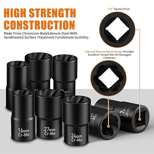 Wheel Lock Removal Kit, 10 Piece Lug Nut Remover, 1/2-Inch-Drive Impact Easy Out Bolt Extractor Socket Set for Removing Damaged, Frozen, Rusted, Rounded-Off Bolts, Nuts & Screws